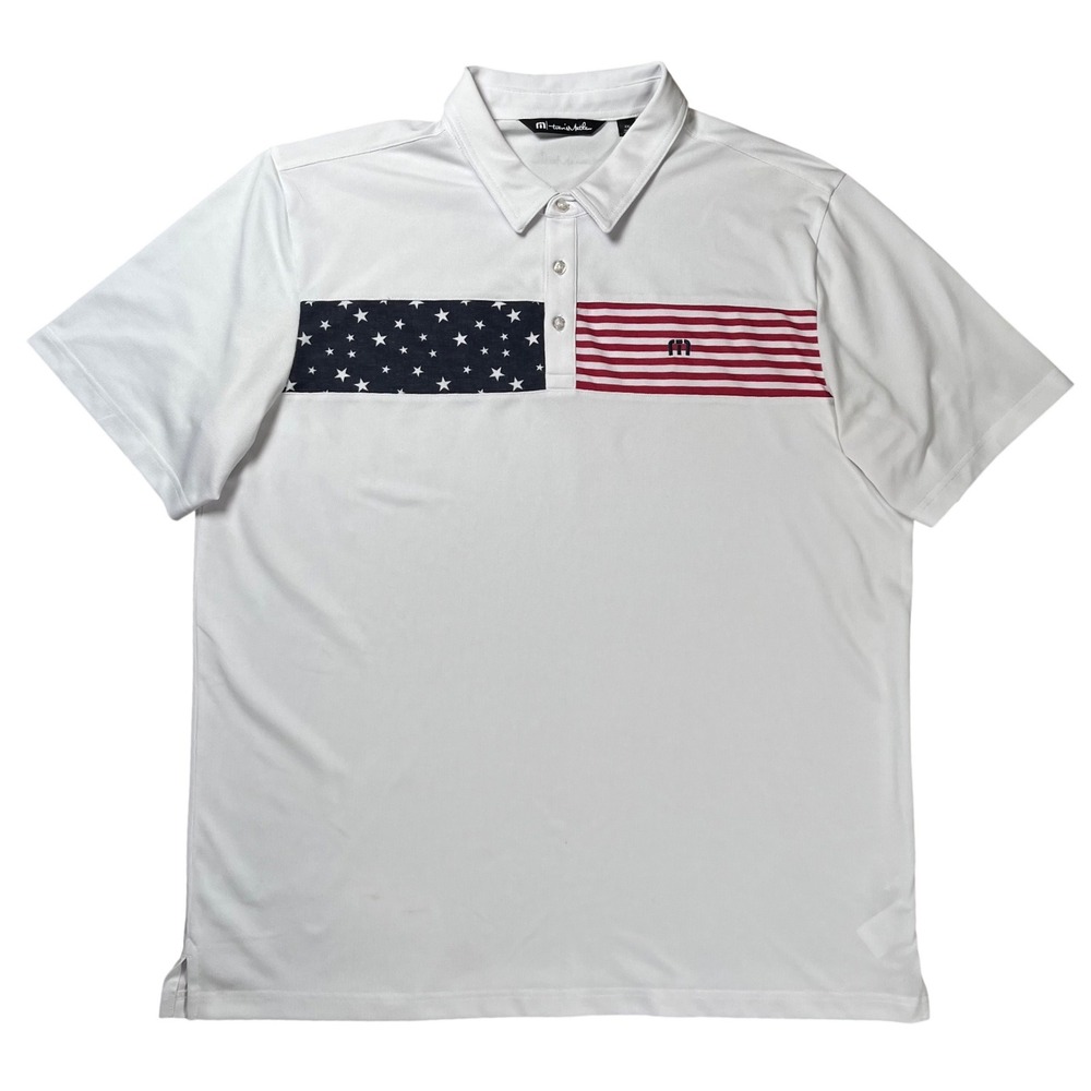 Travis‎ Mathew Polo Shirt Mens XXL White Stars Stripes Patriotic Golf Athleisure - Picture 2 of 11